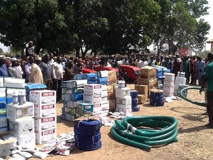 A community leader in Gombi LGA receives a power tiller, dry season farming support, 2018